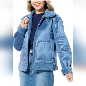 Giliana Black Label Faux Suede And Shearling Bomber Jacket In Slate Blue Size XS